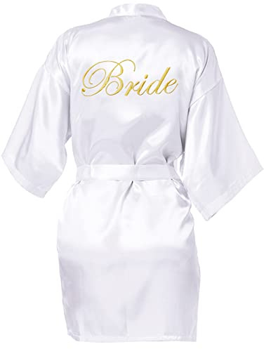 Shining She Bride Satin Dressing Gown, White Bride Robes Women Bridal Morning Robes V-Neck Pyjamas for Bridal Wedding Party