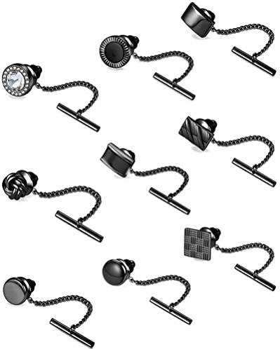 Ofeiyaa 9Pcs Tie Pins for Men with Chain Tie Tack Clutch for Wedding Meeting Party Business Jewelry Black Plated