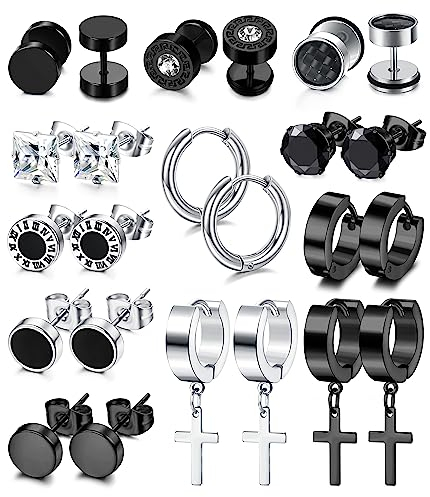 Adramata 12 Paar Herren Ohrring Ohrstecker, 8MM Edelstahl Schwarze Silber Ohrringe Knorpel Ohrringe Hoops Cooles Ohr Piercing für Männer Junge