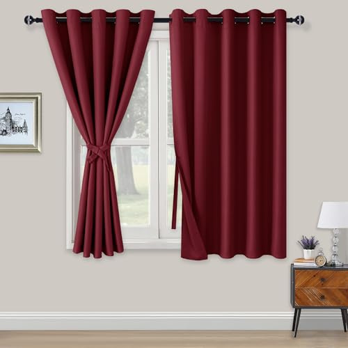 XWZO Blackout Curtains Shades Window Curtain Panels with Tiebacks- Noise Reduction and Thermal Insulated Eyelet Curtains for Bedroom,Living Room,Office,Study Room Burgundy W66xL54