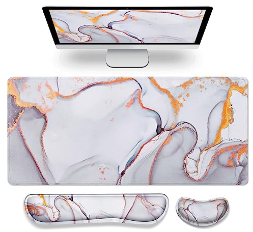 Gimars XXL 800x300mm Tapis de Souris 3 en 1 avec Repose Poignet Clavier Souris Ergonomique, Mémoire en Mousse Confortable pour Soulagement des Douleurs, Gaming, Bureau, Nuage doré