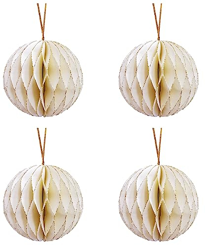 4 PCS Glitter Petit Papier Nids D'abeilles Suspendus Boules Décoratives Lanterne De Papier Ornements D'arbre pour Fête De Noël Décor (Blanc)