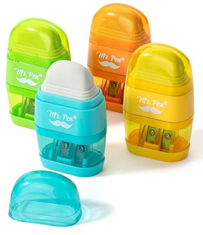 Mr. Pen- Pencil Sharpener & Eraser, 4 Pack, Colorful, 2 Sharpening Holes, Manual