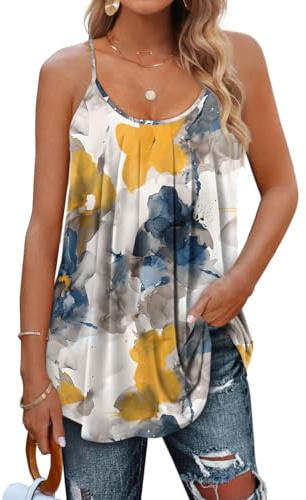 Aokosor Ladies Tops, Summer Vest Tops with Adjustable Spaghetti Straps, Pleated Sleeveless Tank, Women's Clothing, Regular Size, UK