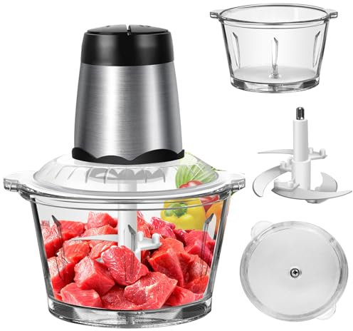 Electric Meat Grinder, 300 Watt Electric Food Processor for Kitchen, Meat Grinder 2L Glass Bowl with 4 Durable Blades, 2 Speed Adjustable Meat Mincer for Chopping Meat, Baby Food, Fruit, Vegetables