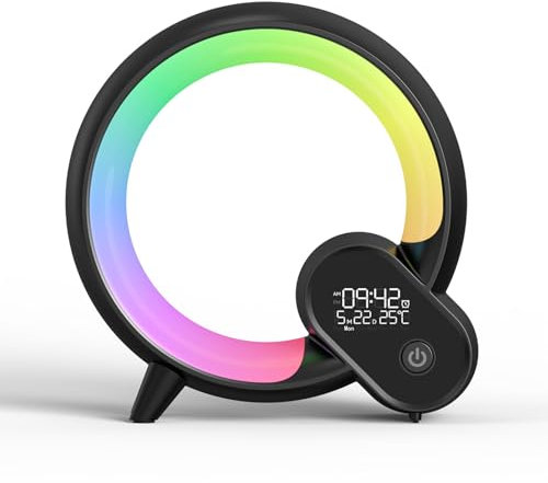 HAPUHOM Sveglia Sunrise Wake Up Light, Sveglia Sunrise a 9 Colori, Macchina Del Suono con Altoparlante Bluetooth e Snooze Doppia Sveglia, Simulazione Alba e Tramonto(Schwarz)