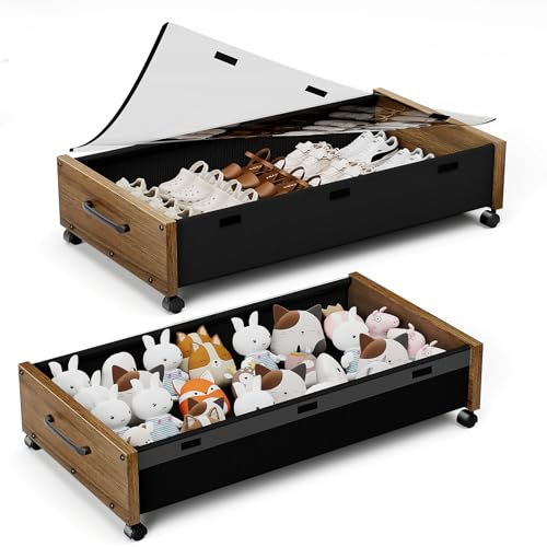 Contenitore sotto il letto con ruote, contenitori per scarpe da mettere sotto il letto, cassetti con coperchio, in legno, per riporre vestiti e vestiti, per camera da letto, dormitori, confezione da 2