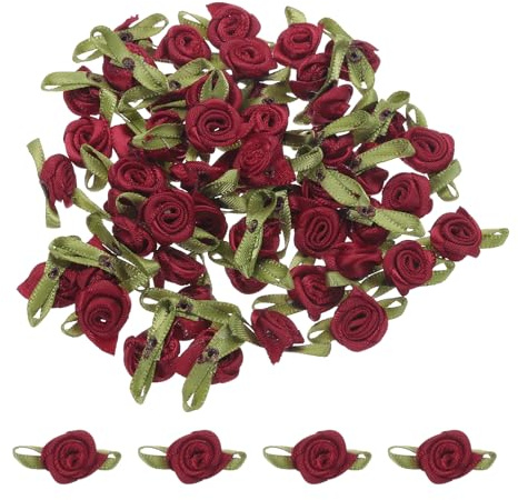 QUARKZMAN 50Pz Mini Rose Finte Rosso Vino 1.5x3cm Fiori Artificiali Mini Rose Nastro Fiori Finti per Decorazioni per Artigianato Piccole in Raso Fiocchi