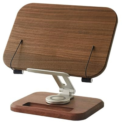 Atril ajustable, atril – Portalilibros ajustable para la lectura, robusto soporte para libros con estructura de madera y aluminio con clips para páginas para libros de música, recetas, escritorio