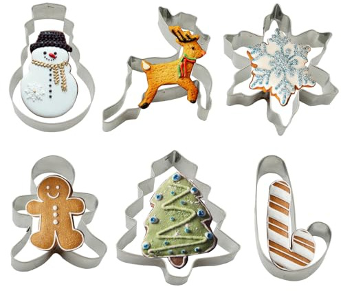Christmas Cookie Cutters, 6PCS Holiday Cookie Cutter Shapes - Snowman, Christmas Tree, Gingerbread Man, Candy Cane, Snowflake, Elk Cookies Mold for Holiday Winter Baking