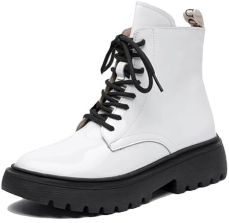 Niiyyjj Botas de combate de piel auténtica para mujer, botas de tobillo de piel brillante, botas de motocicleta con cordones y cremallera, Forro polar blanco, 40 EU