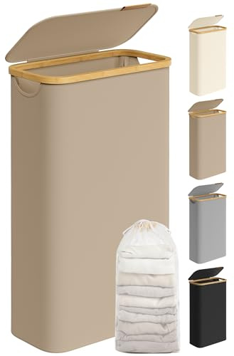 SONGMICS Wäschekorb mit Deckel, Wäschesammler 65 L, platzsparend, herausnehmbarer Wäschesack, Oxford-Gewebe, Griffe aus Bambus, zusammenklappbar, 42 x 22,5 x 70,5 cm, kamelbraun LCB506N02