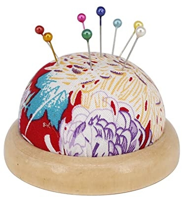 Coussin à épingles à broder - Coussin vintage avec base en bois | Épinglettes de style japonais - Accessoire de broderie - Avec imprimé floral - Pour fournitures de couture