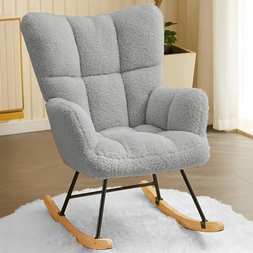 Hawthyhome Velours Fauteuil à Bascule, Rocking Chair, Fauteuil Allaitement, Chaise à Bascule Scandinave en Bois pour Chambre d' Enfant Chambre à Coucher Salon Balcon, Jusqu'à 136 kg - Gris