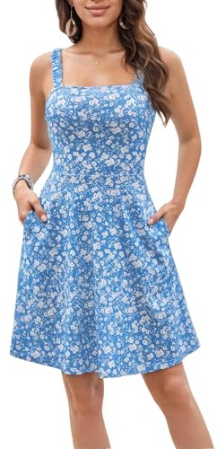 Oyamiki Ladies Summer Fashion Short Flowy Blue Square Neck Dress Elegant Party Floral Sundresses Womens Vacation Dresses M