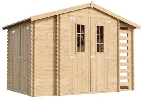 Abri de Jardin en Bois et Range bûches extérieur - Stockage extérieur I206xL328xH218 cm/ 3,53 + 0,97+0,97 m2 Petit abri à Outils, Local à vélos - TIMBELA M389C
