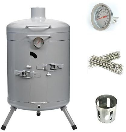 PQPQLI Barbecue Au Charbon De Bois Multifonction Réchaud Suspendu, Barbecue À Charbon Rond avec Thermomètre Et 30 Pcs Brochettes Barbecue Fumoir Au Charbon De Bois(Gray)