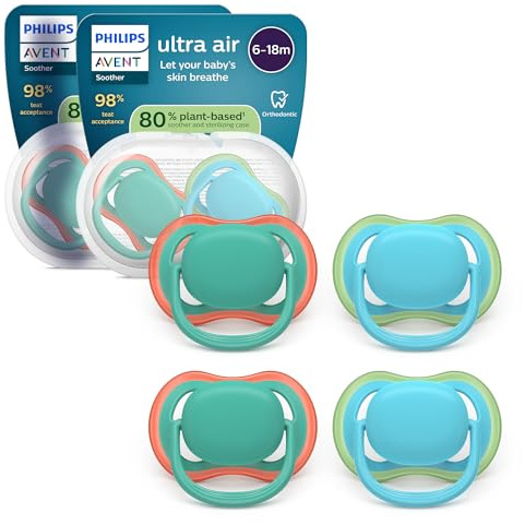 Philips Avent Sucettes ultra air - Tétines orthodontiques, pour bébés de 6 à 18 mois, en silicone souple d'origine végétale, sans BPA, avec 2 étuis de stérilisation, lot de 4, SCF087/24