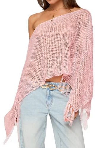 SOLILOQUY Women Sequin Knit Poncho Fringe Hem Off Shoulder See-through Crochet Cape Sheer Shrug Lightweight Beach Cover Ups (Pink, S)
