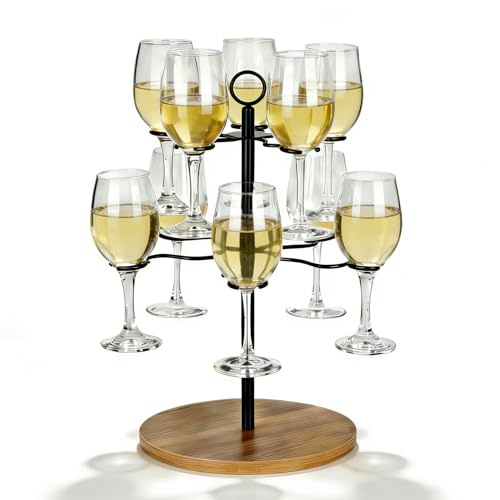 JUJOYBD Drycketertorn för 10 glas, 2-stegs serveringsträd H 42 cm | Drycktorn med träbas för festbuffé, perfekt för vinglas aperolglas champagneglas
