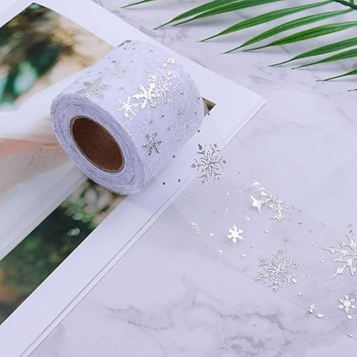 Nastro Natalizio, 6 cm Larghezza Trasparente Nastro in Organza, Nastri Fiocco di Neve Glitterato per Confezioni Regalo, Nastri per Decorazioni di Alberi di Natale e di Feste (25 Yards)