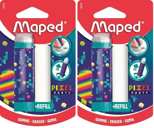 Maped - Gomme tube Pixel Party - Gomme protégée, efficace et précise - Système rotatif très pratique - Sans PVC ni phtalates - Recharge incluse (Lot de 2)