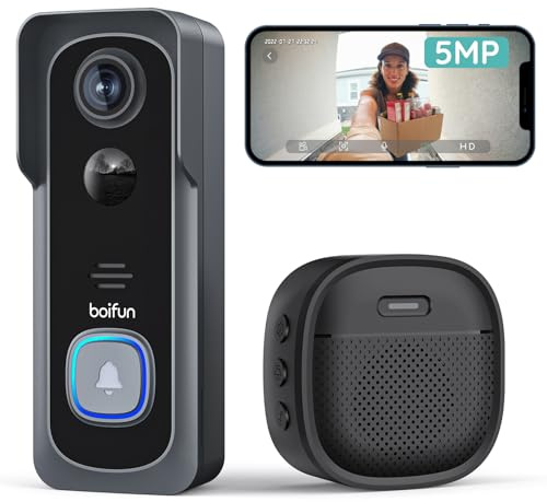 BOIFUN 5MP Video Doorbell Camera Wireless – Sharper Than 2K, No Subscription, 166° Wide View, HDR Night Vision, Smart Human Detection, Two-Way Audio & Battery Doorbell with Chime, 2.4 GHz Wi-Fi Only