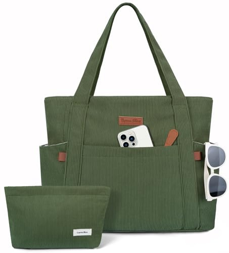 Captain Blues Tote Bag for Women with Zip, Large Capacity Work Bag with Compartments & Pockets, Soft Cotton Lining, for College, Teacher, Uni, School, Travel, Shopping (Green)