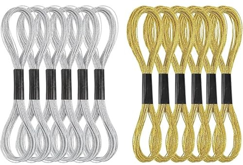 Vmoomax Hilos para Bordar, 12 Hilos de Bordado de Punto de Cruz en Oro y Plata para Pulseras de Amistad DIY Bordado y Artesanía (Oro + Plata)
