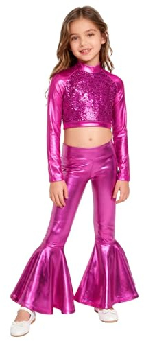 Jhaoyu Set di abbigliamento da bambina con paillettes metalliche, crop top e pantaloni a zampa, per bambini, discoteca, jazz, ballo, feste, festival, rosa caldo 146-152