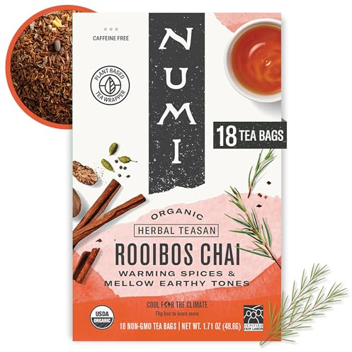 Numi Organic Rooibos Chai Tea, 18 Herbal Bags, Microplastic Free, Rich Flavor with Cinnamon, Allspice & Ginger, Caffeine Free