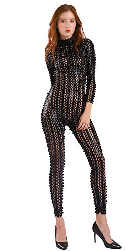 Seeksmile Unisex Hollow-Carved Shiny Dancewear Catsuit Bodysuit (Small, Black)