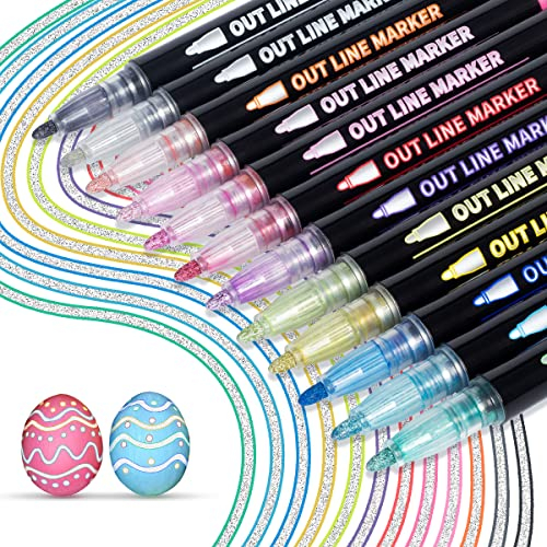 KERIFI Outline Marker Pens - 12 Metallic Glitter Pens for Card Crafting, Double Line Markers for Scrapbooking, Art Journaling and Creative Projects