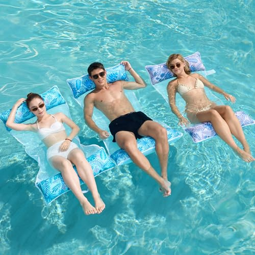 Sloosh 3 Pack Inflatable Pool Float Hammock, Water Lounges, Multi-Purpose Swimming Pool Accessories (Saddle, Lounge Chair, Hammock, Drifter) for Pool, Lake, Outdoor, Beach (Cyan/Purple/Green)