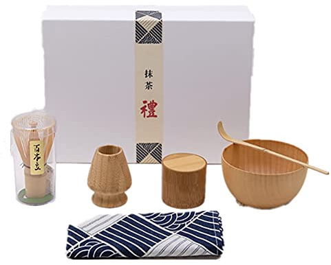 ANCLLO 5 Piece Japanese Matcha Tea Set,Whisk/Bowl/Holder/Bamboo Spoon/Bamboo matcha cans for Traditional Japanese Tea Ceremony