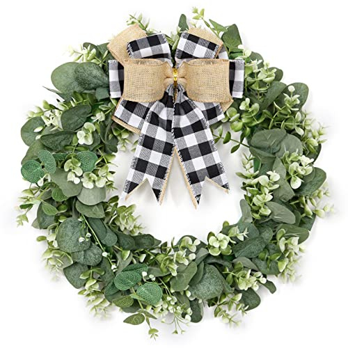 Dremisland Buffalo Plaid Wreath-16 Inch Artificial Eucalyptus Wreath with Plaid Bow | Spring Summer Fall Wreath for Front Door Farmhouse Decor Festival Celebration Home Decor (White&Black Plaid)