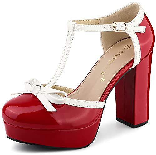 Allegra K Women's Platform Bow T Strap Chunky Heels Pumps Red 7 UK/Label Size 9 US