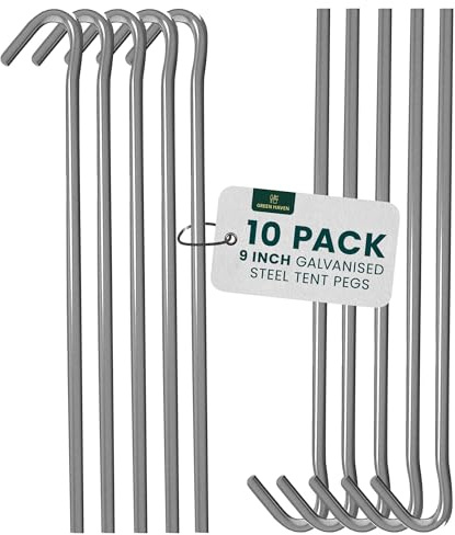 Green Haven Heavy Duty Tent Pegs - 10 Pack 9 inch Durable Galvanised Steel Ground Stakes, Rust-Resistant Tent Pegs Metal Heavy Duty for Camping, Gazebos, Hiking & Outdoor
