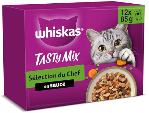 WHISKAS TASTY MIX Aliment humide Sauce Chat adulte 12x85g Sélection du chef (Lot de 4) 48 Sachets