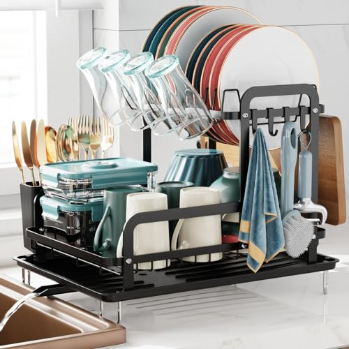 iSPECLE 2 Tier Dish Drainer Rack - Large Dish Drying Rack with Drip Tray, Swivel Spout, Draining Board Rack with Cup Holder, Utensil Holder, Cutting Board Holder for Kitchen Worktop, Black