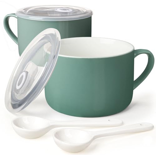 Wareland Soup Bowls with Handles & Spoons, 30oz Ceramic Ramen Bowl with Lid, Large Soup Mugs/Cups for Instant Noodle, Big Cereal Bowls for Oatmeal, Soup Containers with Lids, Set of 2, Teal Blue
