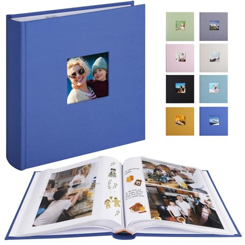 1DOT2 Photo Album with Writing Space 50 Pages 4x6 Photos Hold 200 or 5x7 Pictures Hold 100, Linen Cover Small Photo Book Albums with Memo for Anniversary Wedding Baby (Blue)