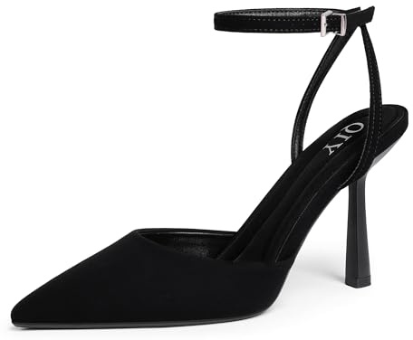 QIY Closed Toe Heels for Women Slingback Heel Black Pumps Bridal Pointed Toe Pointy Heels Wedding Formal Dress Black Shoes Ankle Strap Kitten Stiletto Strappy Sandals Size 7.5