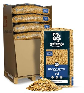 GALAMIO Holzhackschnitzel Gelb Hackschnitzel Mulch Natur Wald Kiefer Pinus Sylvestris Garten Dekor Holz Häcksel Grob 5-60mm 60l x 13 Sack 780l / 1 Palette Paligo