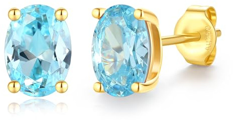 FANCIME Solide 14 Karat 585 Gelb Gold Oval Ohrringe Ohrstecker mit Echt Synthetische Aquamarin Geschenk Schmuck für Damen Mädchen Mama, Größe: 5 * 7 mm