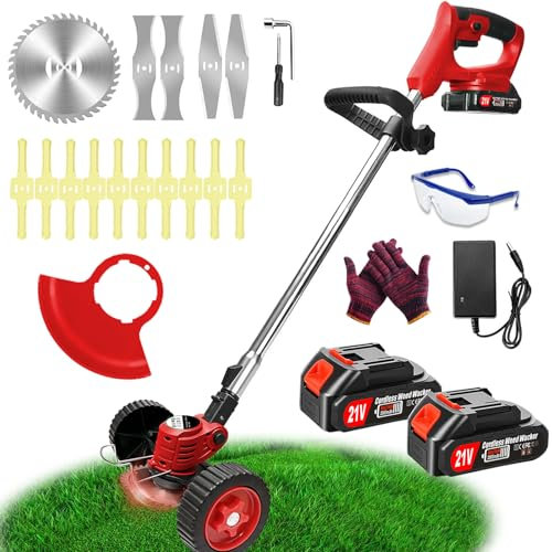 Decespugliatore a Batteria, Tagliabordi Elettrico 21V,Tagliaerba a Batteria con 2 2.0Ah Batterie e 4 Tipi di Lame, Ruote Rimovibili, Decespugliatori da Giardino Altezza Regolabile per Prati,Arbusti