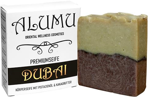 ALUMU – Sapone DUBAI – Sapone per la cura con olio di pistacchio e burro di cacao – Cosmetici naturali – Sapone da doccia fatto a mano per pelle e capelli – Sapone premium senza olio di palma e