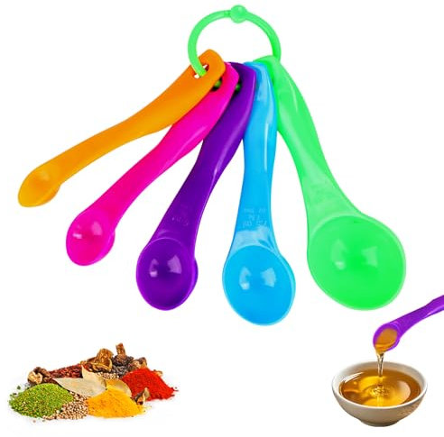 Messlöffel 5 Stück, Dosierlöffel Bunt, Messlöffel Gramm mit 1ml/2.5ml/5ml/7.5ml/15ml, Measuring Spoons, Kunststoffmesslöffel für Kochen Backen Flüssigkeits und Pulvermessgeräte