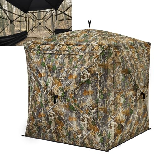 TIDEWE Hunting Blind 270°Full See Through with Windproof Curtain, Silent Magnetic Door & Sliding Windows, 2-3 Person Pop Up Ground Blind with Carrying Bag, 300D Portable Tent (Full See-Through)