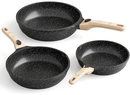 RIOVARM Induzione Set di padelle con manici staccabili, Antiaderente Padelle universali 20 cm 24 cm 28 cm, Granito Padella per omelette senza PFOA, Set di pentole Adatto per forno e lavastoviglie